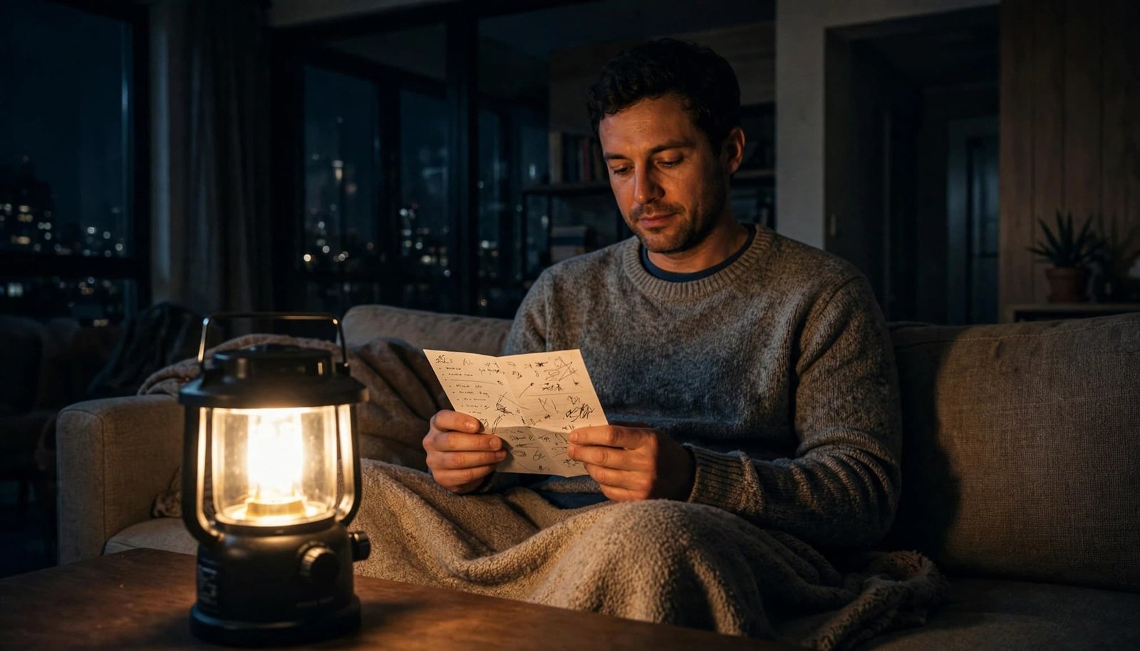A resident checks a note by lantern light in a dark apartment.