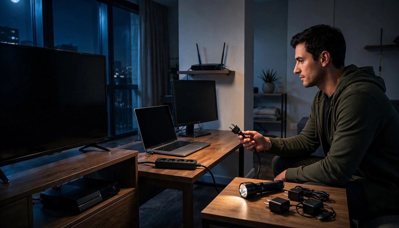 Resident safely unplugs electronics during an apartment blackout with a flashlight nearby.