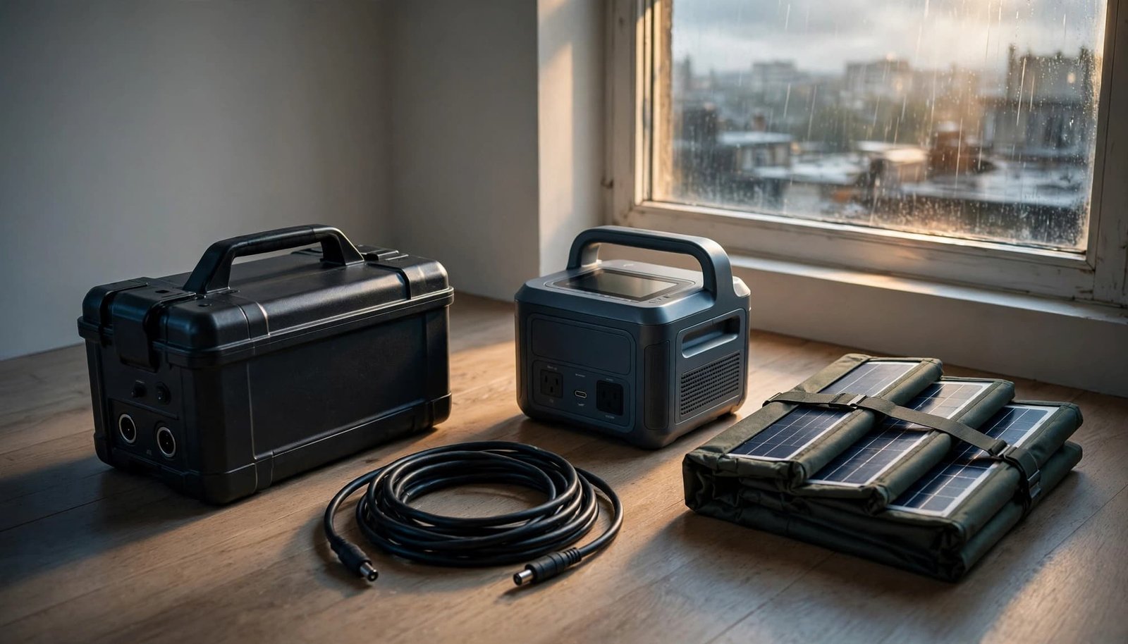 A battery, portable power station, cable, and folded solar panel sit near an apartment window.