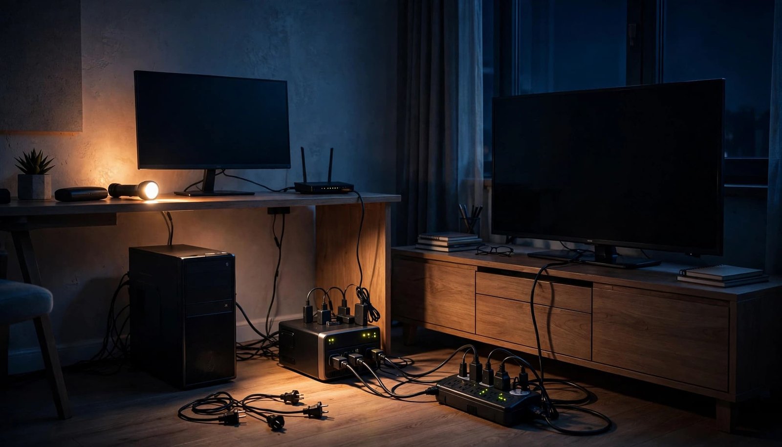 Home electronics connected to a surge protector and UPS during a nighttime outage.