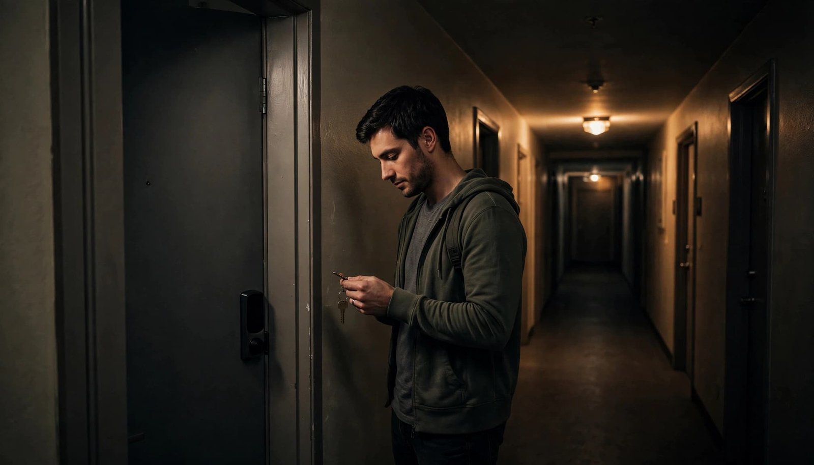 A renter checks a metal key beside a dark keypad in a dim hallway.