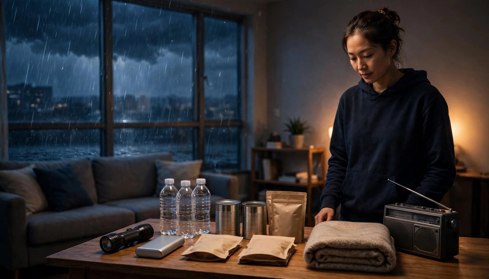 A renter stands beside an outage kit with water, blankets, food, and a flashlight.