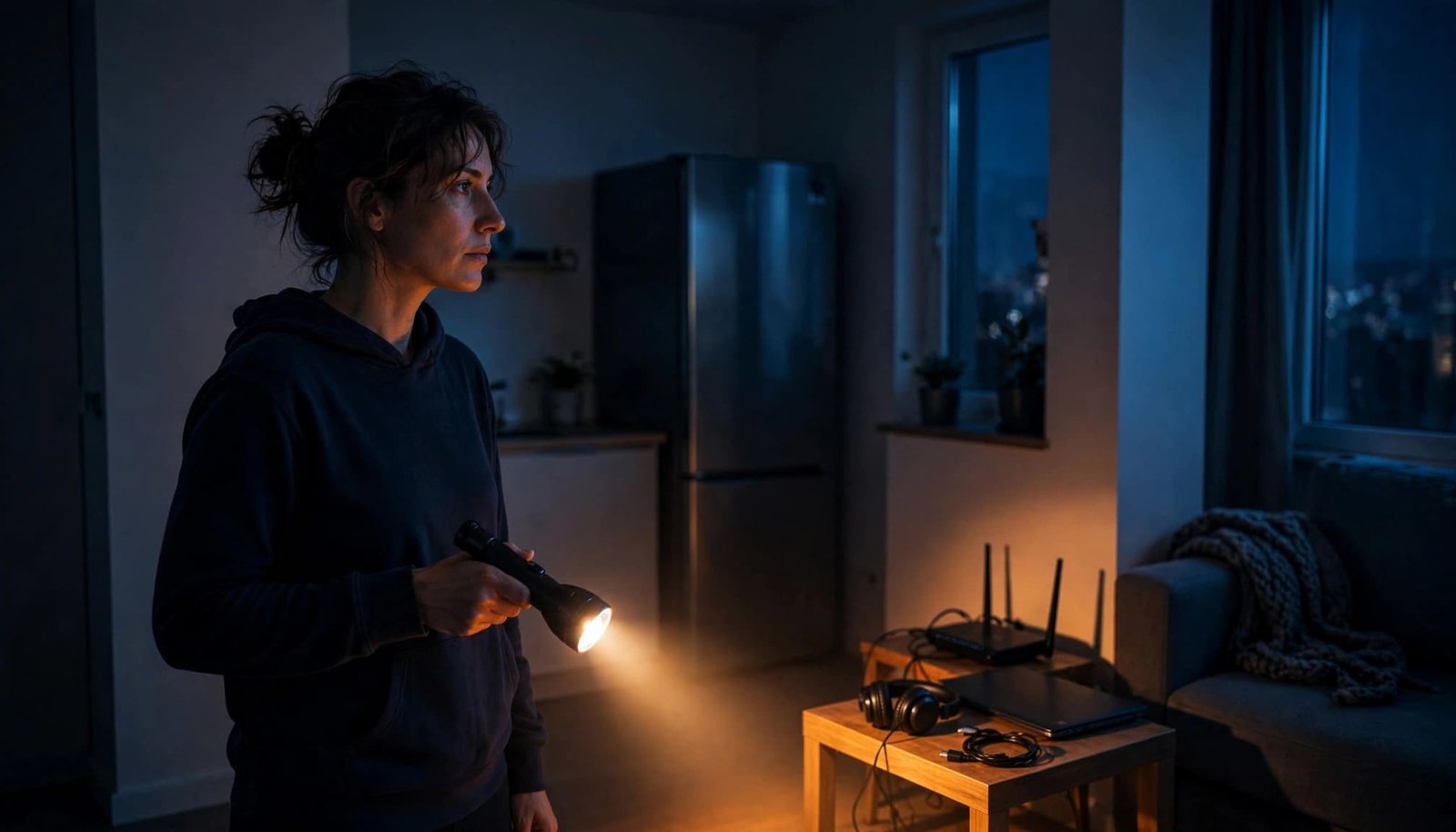 Person using a flashlight to inspect a dark apartment during a power outage.