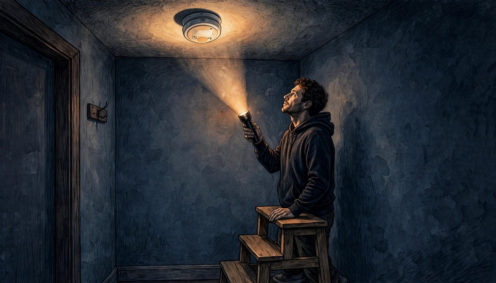 A person on a step stool shines a flashlight at a ceiling smoke alarm.