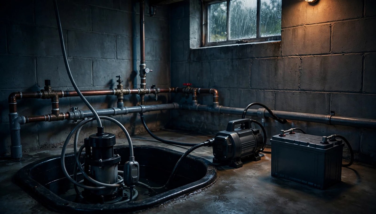 Two sump pumps and a marine battery stand beside a basin.