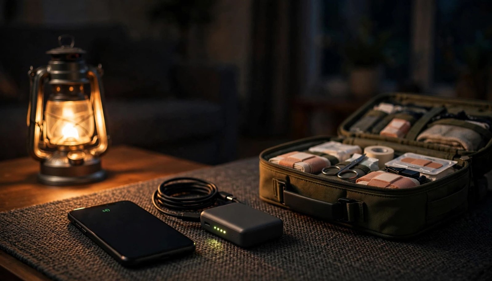 A smartphone safely charges from a power bank beside an emergency kit in a lantern-lit room.