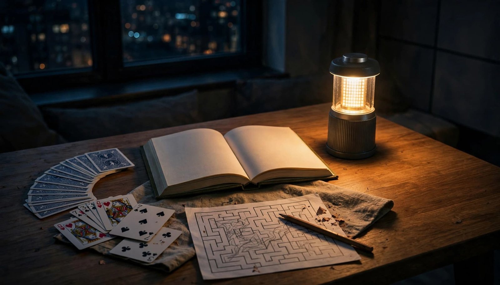 Cards, an open book, and a paper puzzle sit beside a glowing lantern.