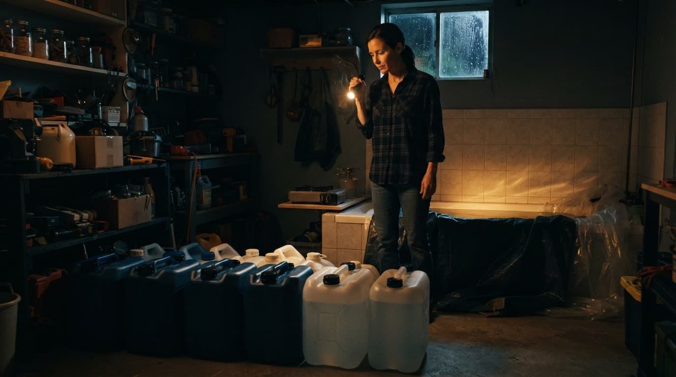 A homeowner checks water containers beside a covered bathtub during a blackout.