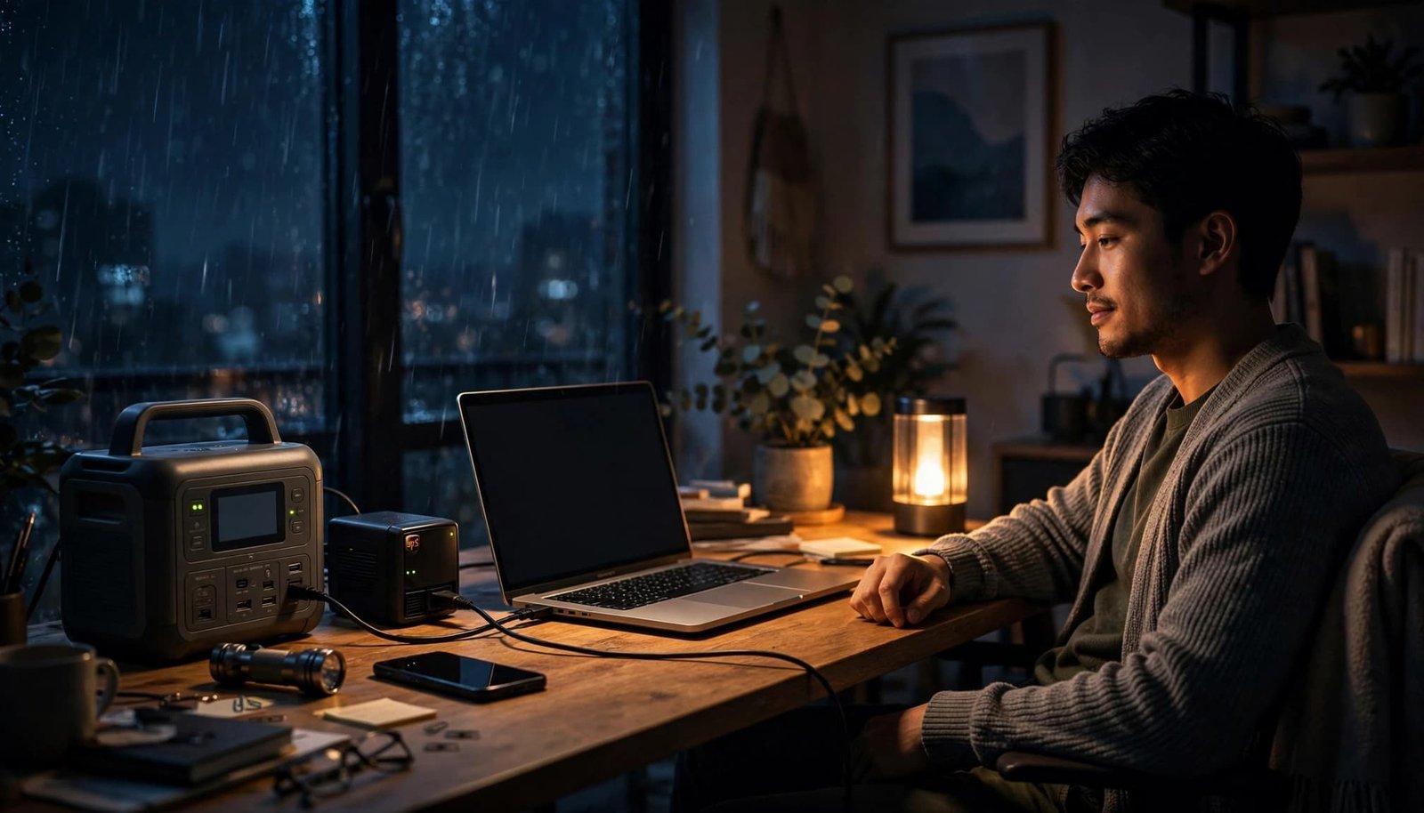 A remote worker sits beside powered equipment during a rainy nighttime outage.