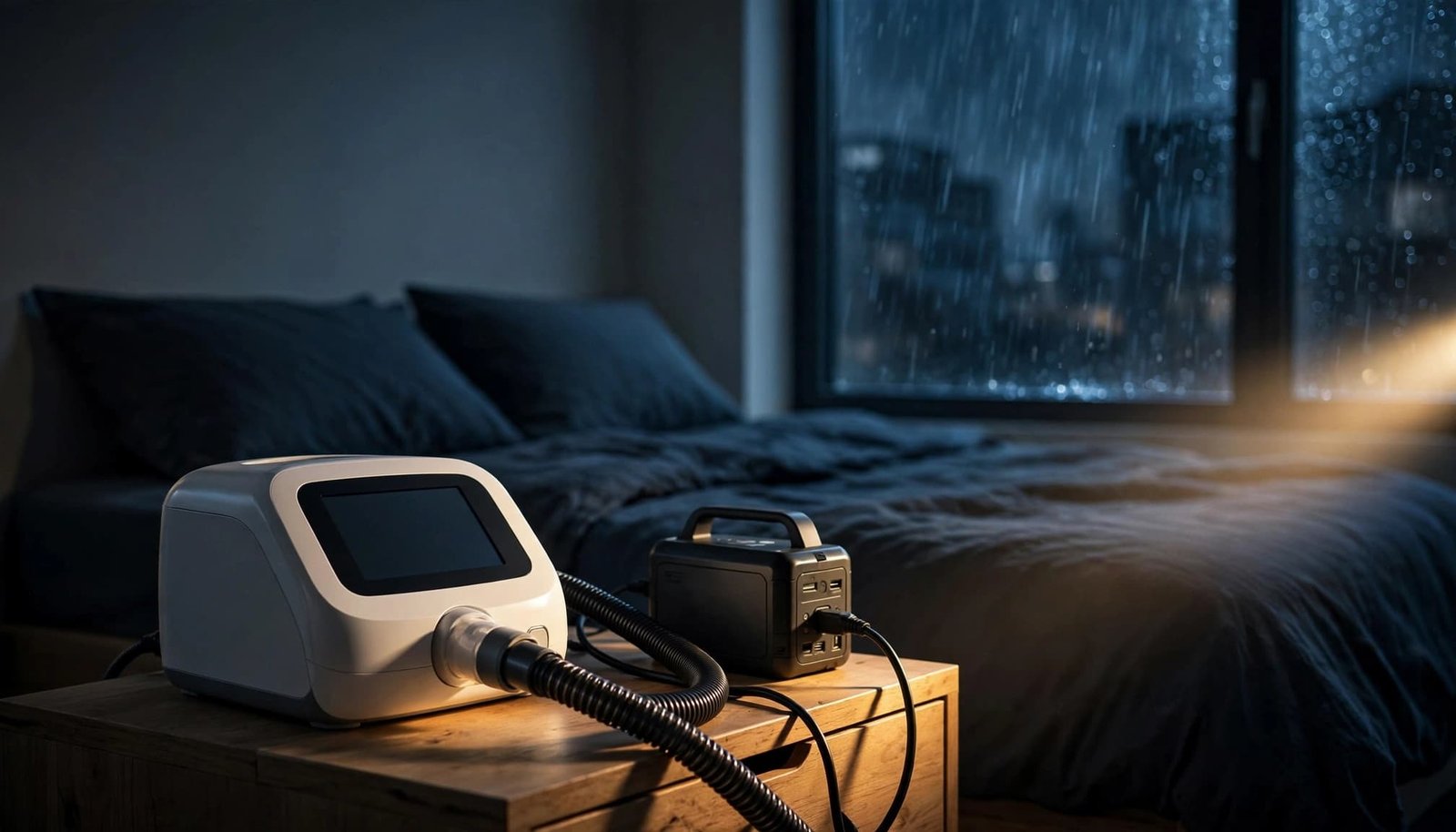 A CPAP and battery sit beside a bed in a dark, rainy room.