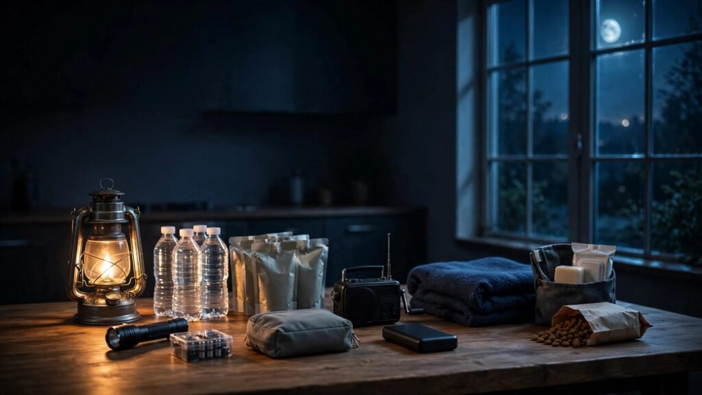 An emergency kit arranged on a kitchen table during a nighttime power outage.