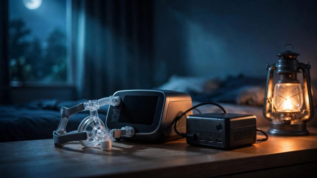 A CPAP machine, mask, and battery backup sit on a table in a dim bedroom.