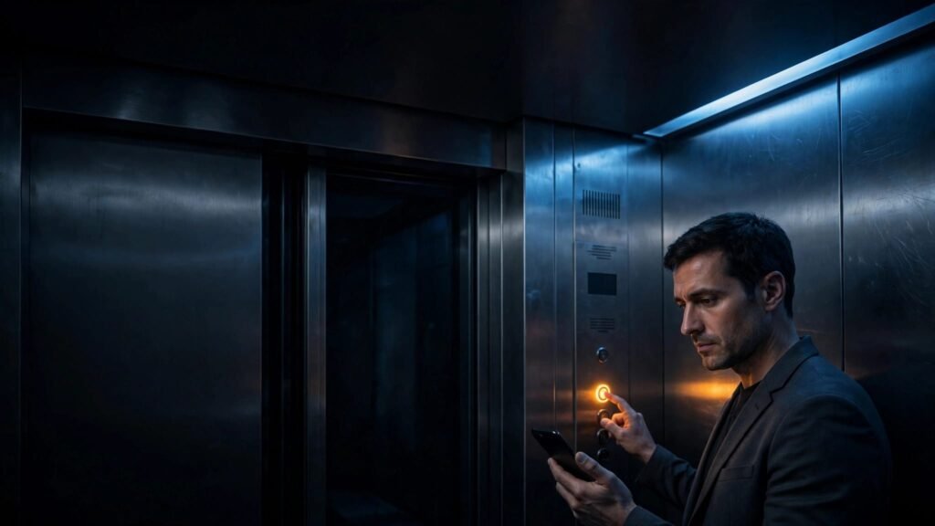 A passenger uses the emergency button inside a dark stalled elevator.