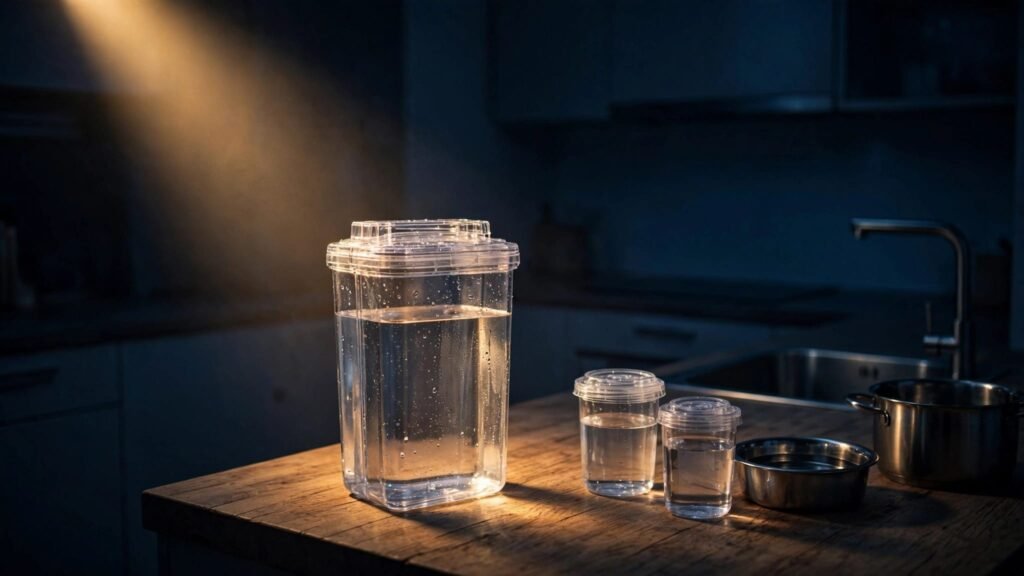 Sealed water containers sit on a kitchen counter during a blackout.