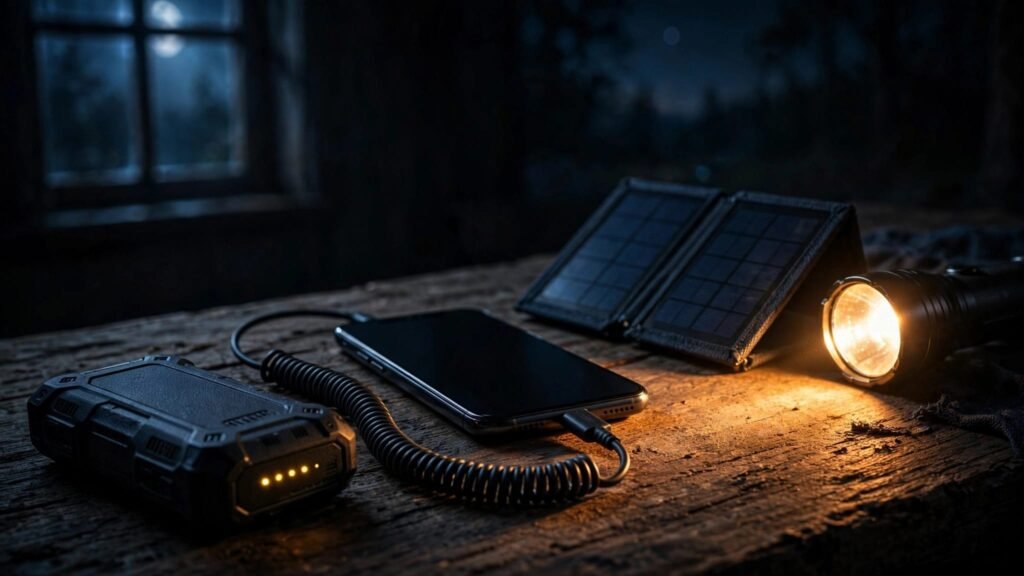 A smartphone charges from a power bank beside a flashlight and solar panel.