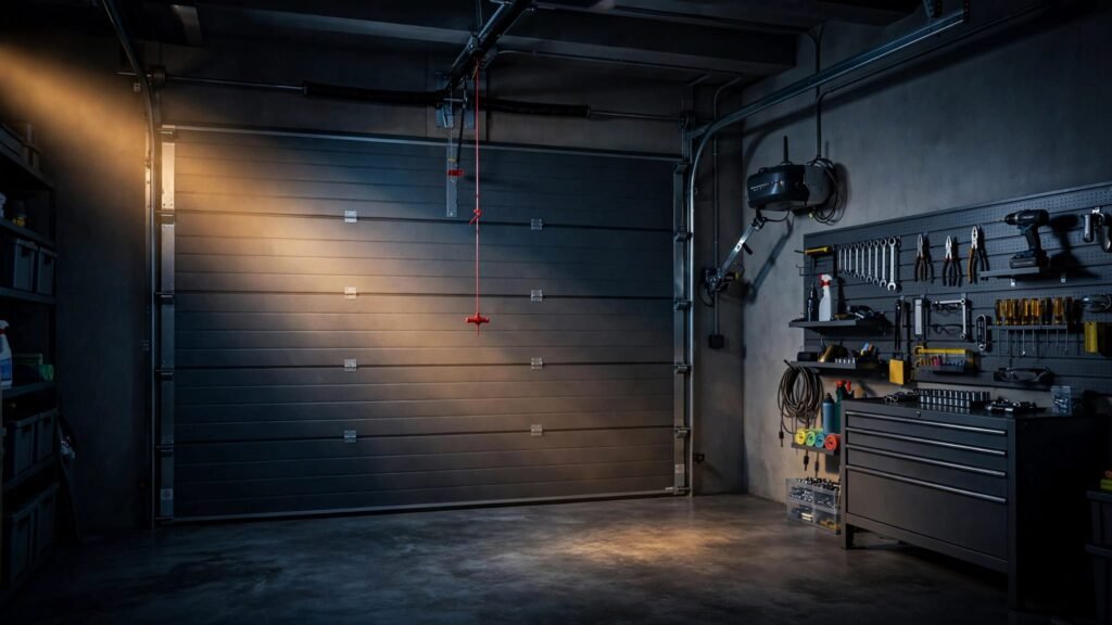 Closed garage door with a red emergency-release cord in flashlight beams.