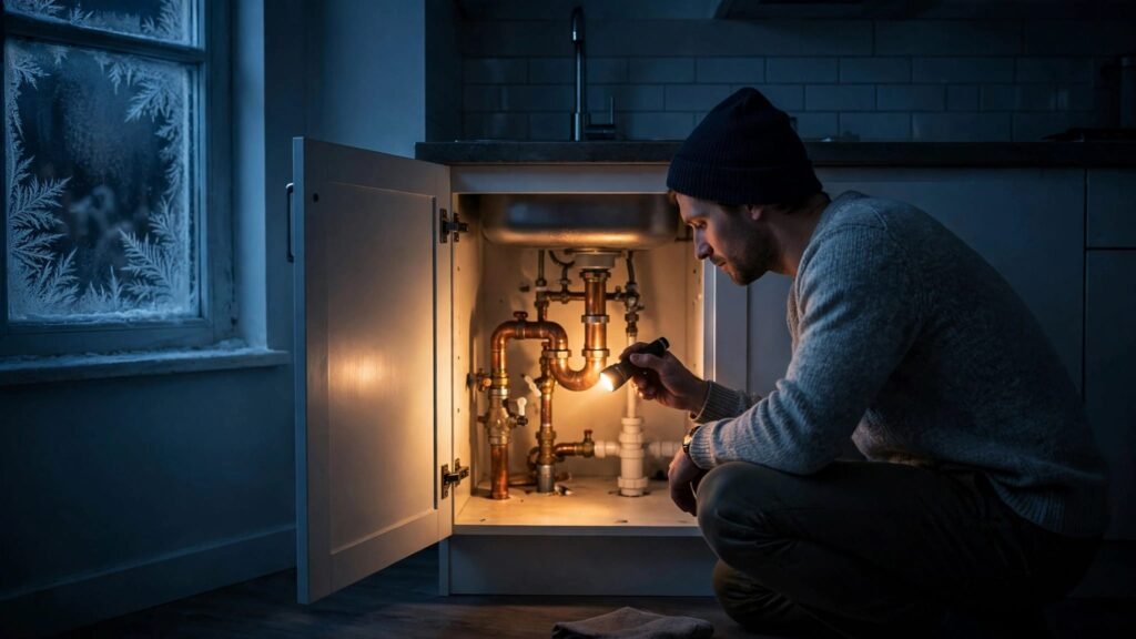 A renter uses a flashlight to inspect pipes beneath a sink during a winter blackout.