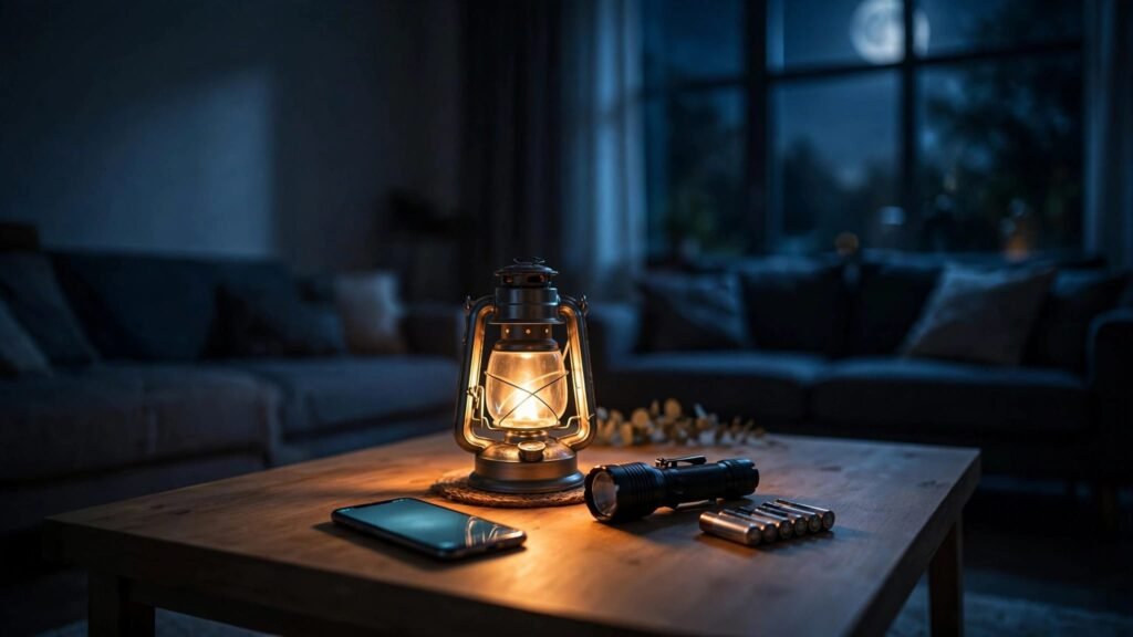 A glowing lantern, flashlight, batteries, and phone sit on a coffee table during a nighttime outage.