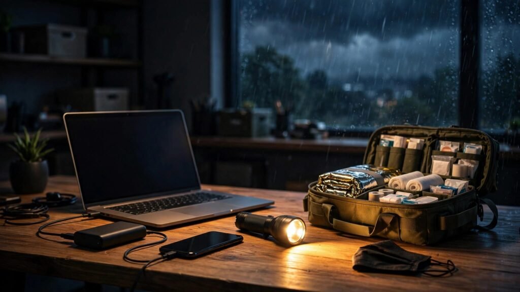 A laptop and emergency supplies sit on a desk during a nighttime power outage.