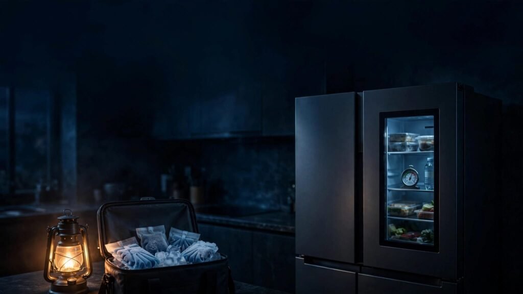 A closed refrigerator and ice-filled cooler in a dark kitchen during a power outage.