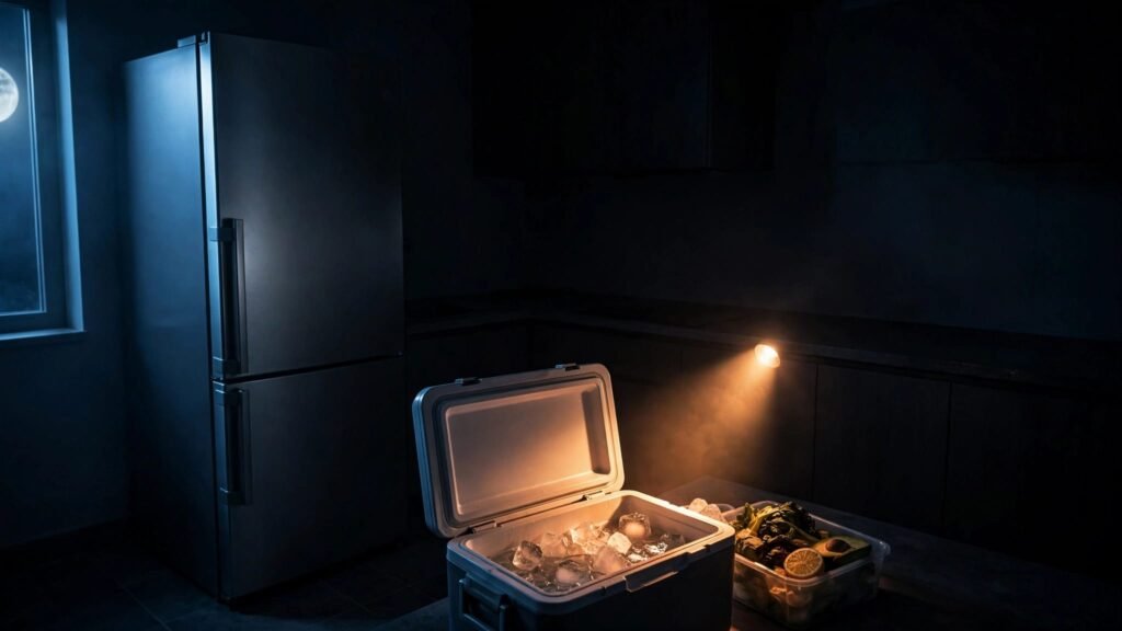 A refrigerator in a dark kitchen beside a cooler and food illuminated by a flashlight.