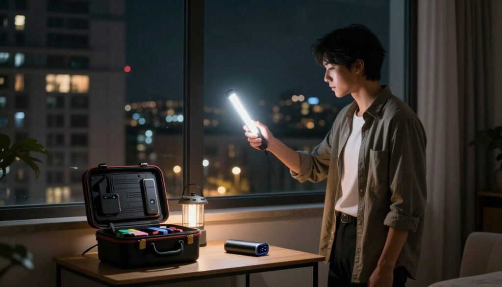 A renter holds a flashlight beside emergency supplies during a nighttime apartment power outage.