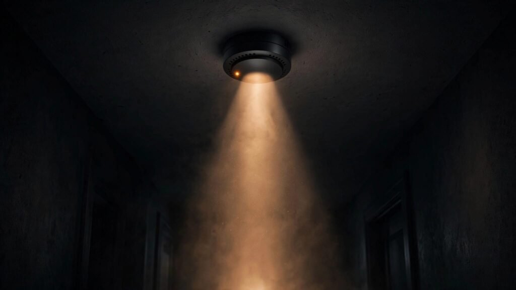 A ceiling-mounted smoke alarm glows in a dark hallway as a flashlight shines on it.