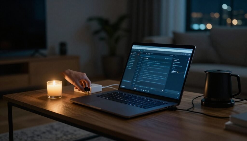 A hand unplugs a laptop during a dim apartment power outage.