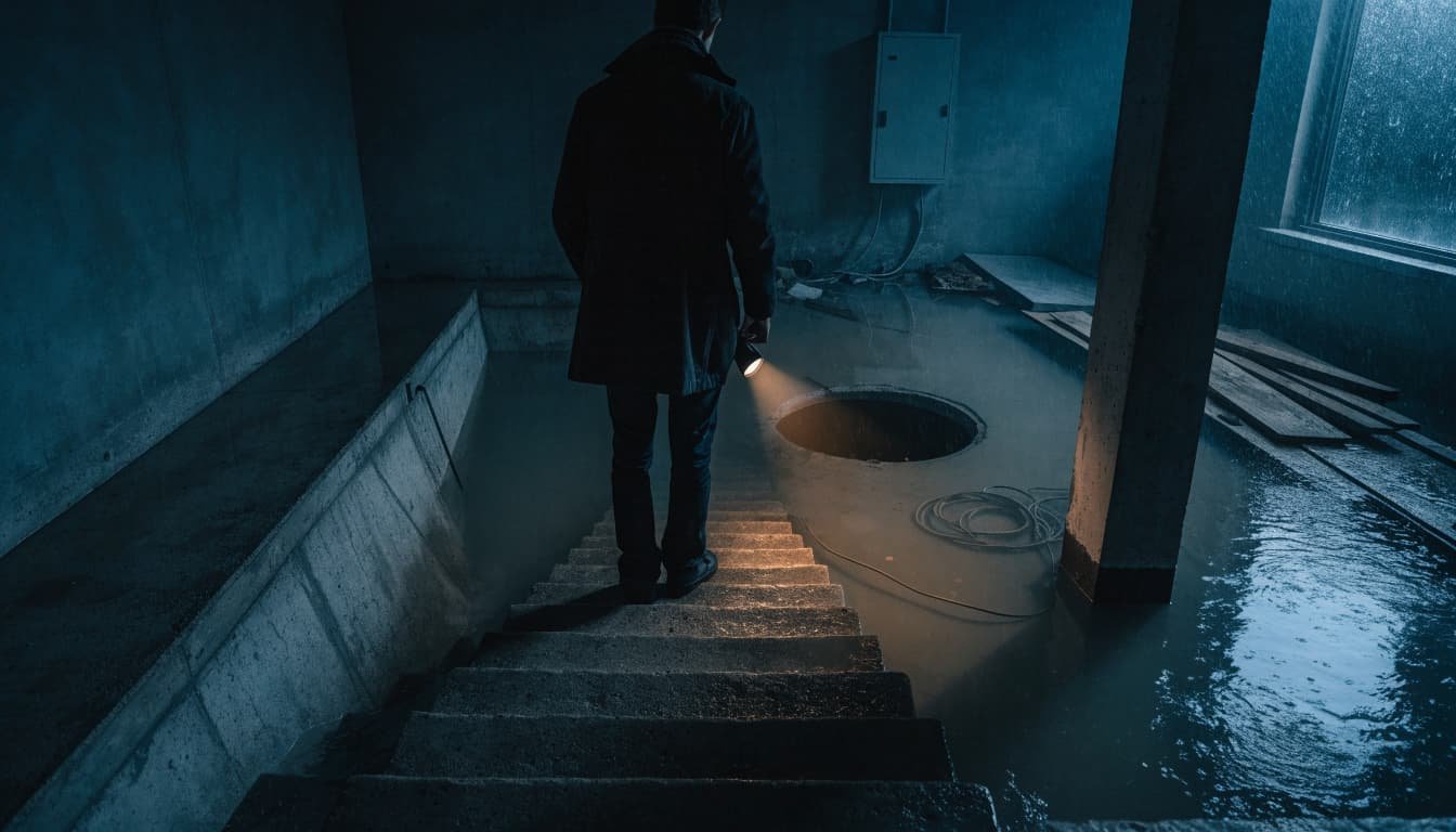 A homeowner on a dry landing looks toward basement water, holding a flashlight at their side.
