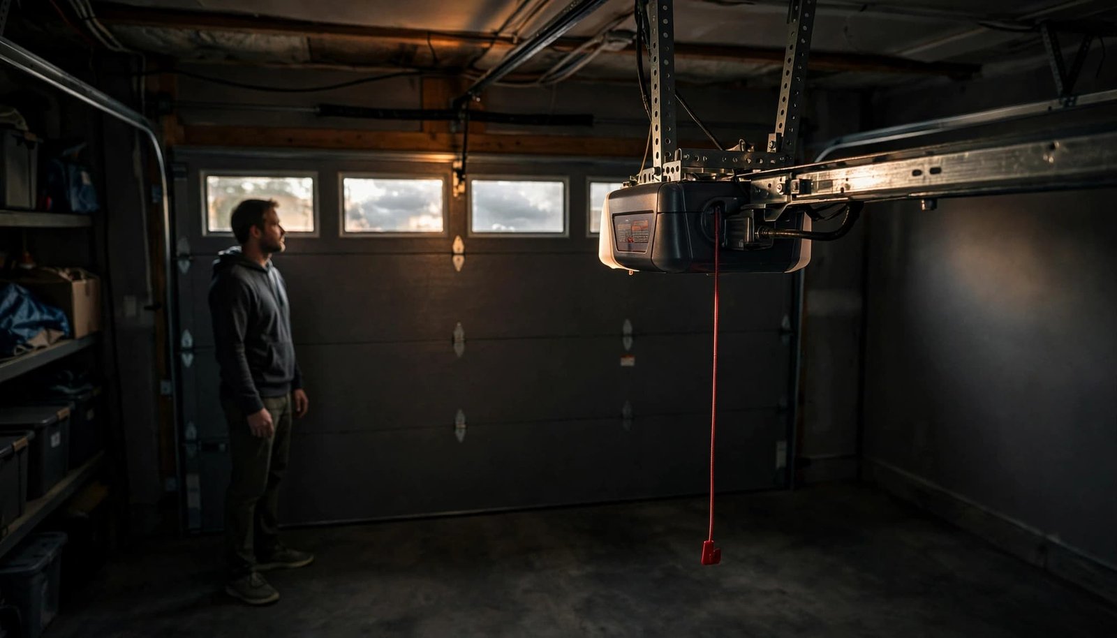 Homeowner beside a closed garage door with a red emergency release cord.