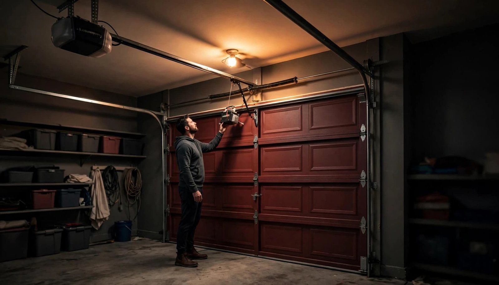 Homeowner reconnecting a garage door opener trolley beneath a closed sectional door.