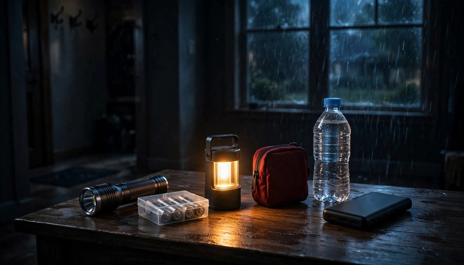 Emergency supplies arranged on an entry table during a nighttime blackout.