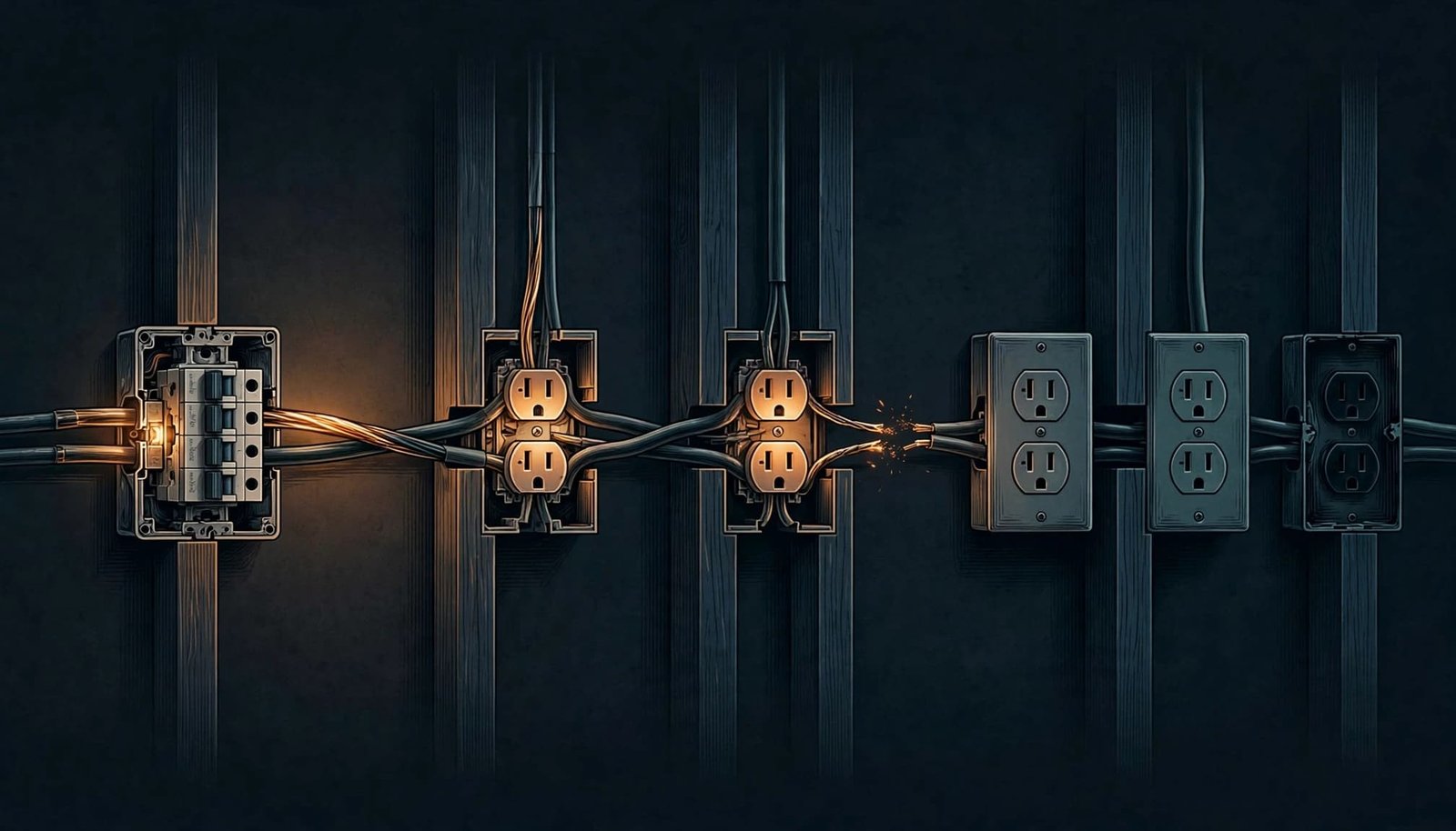 A breaker feeds several outlets, with an amber fault interrupting power downstream.