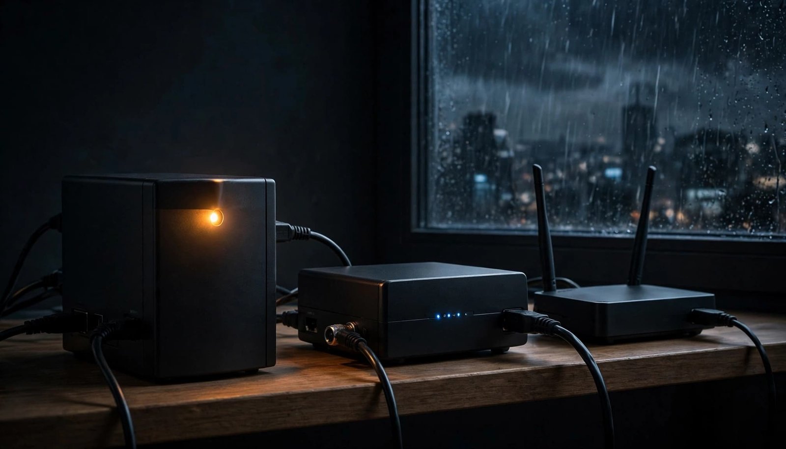 A UPS powers a modem and router beside a dark rainy window.