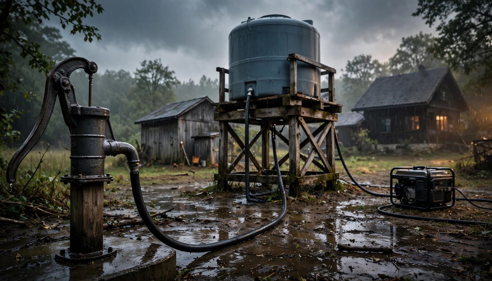 Hand pump, elevated water tank, and portable generator outside a rural home after a storm.