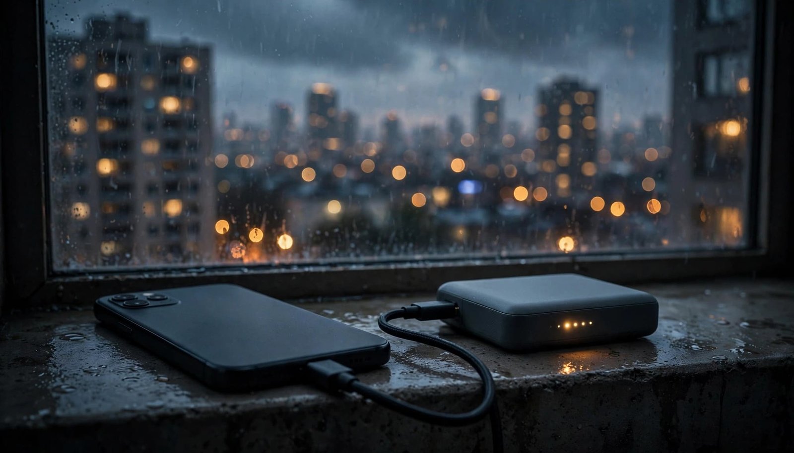 A phone and power bank rest by a rainy window overlooking city lights.