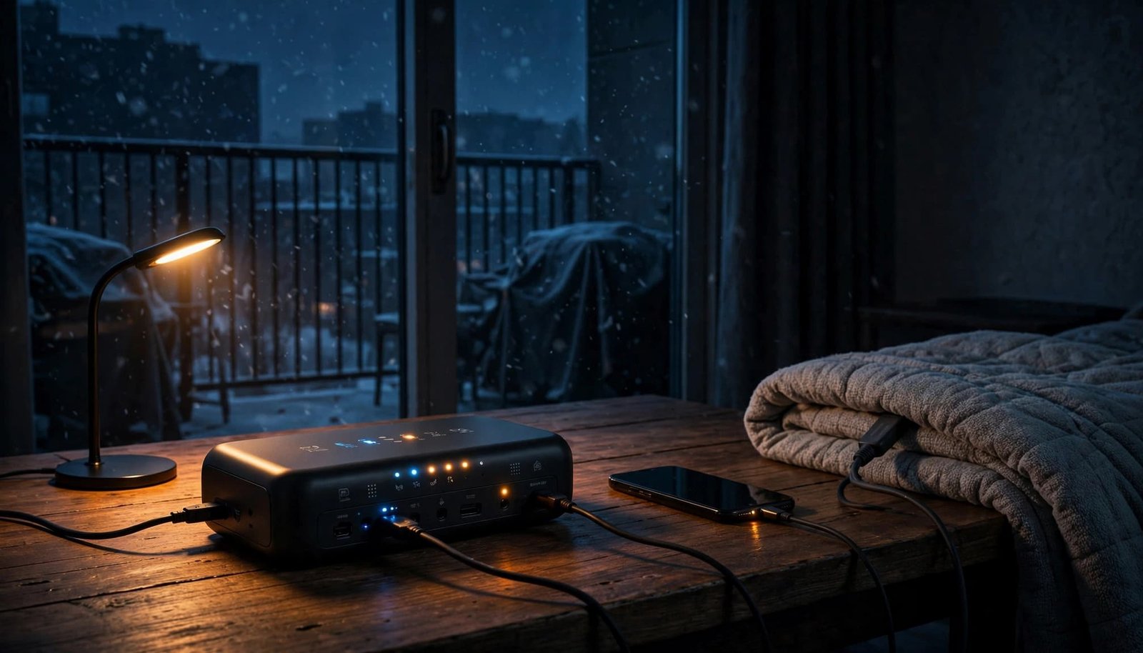 A portable battery powers a lamp, phone, and heated blanket during an apartment blackout.