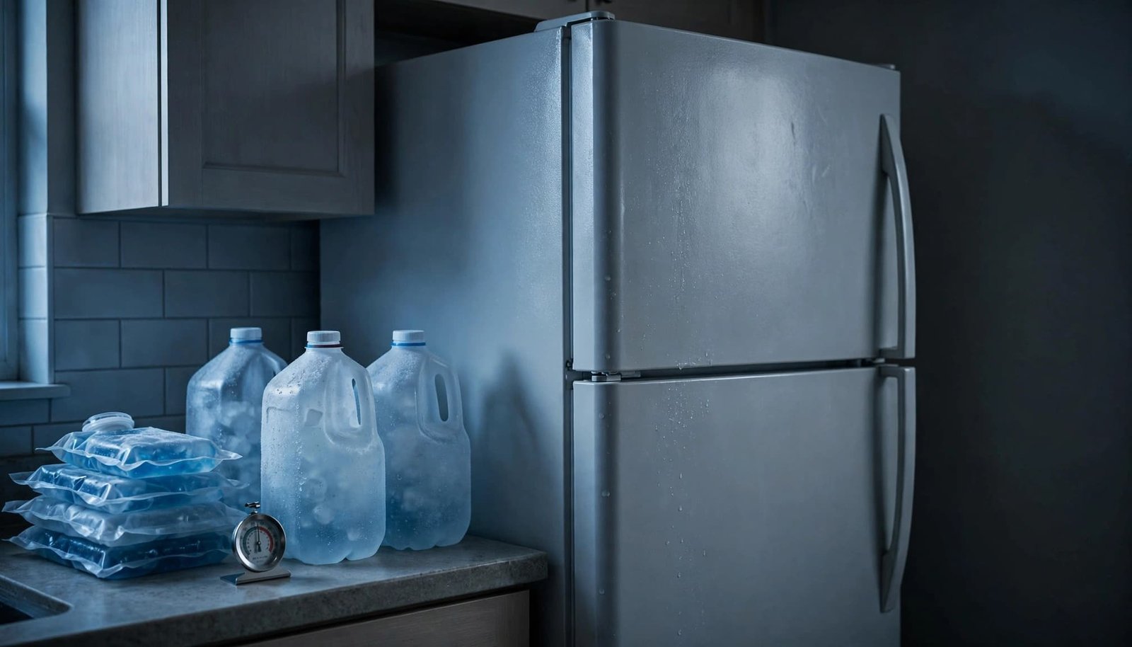 Closed refrigerator with a thermometer, ice packs, and frozen water jugs during a power outage.