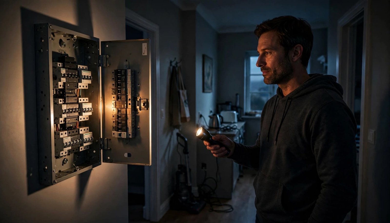 Homeowner uses a flashlight to inspect an open breaker panel without touching the wiring.