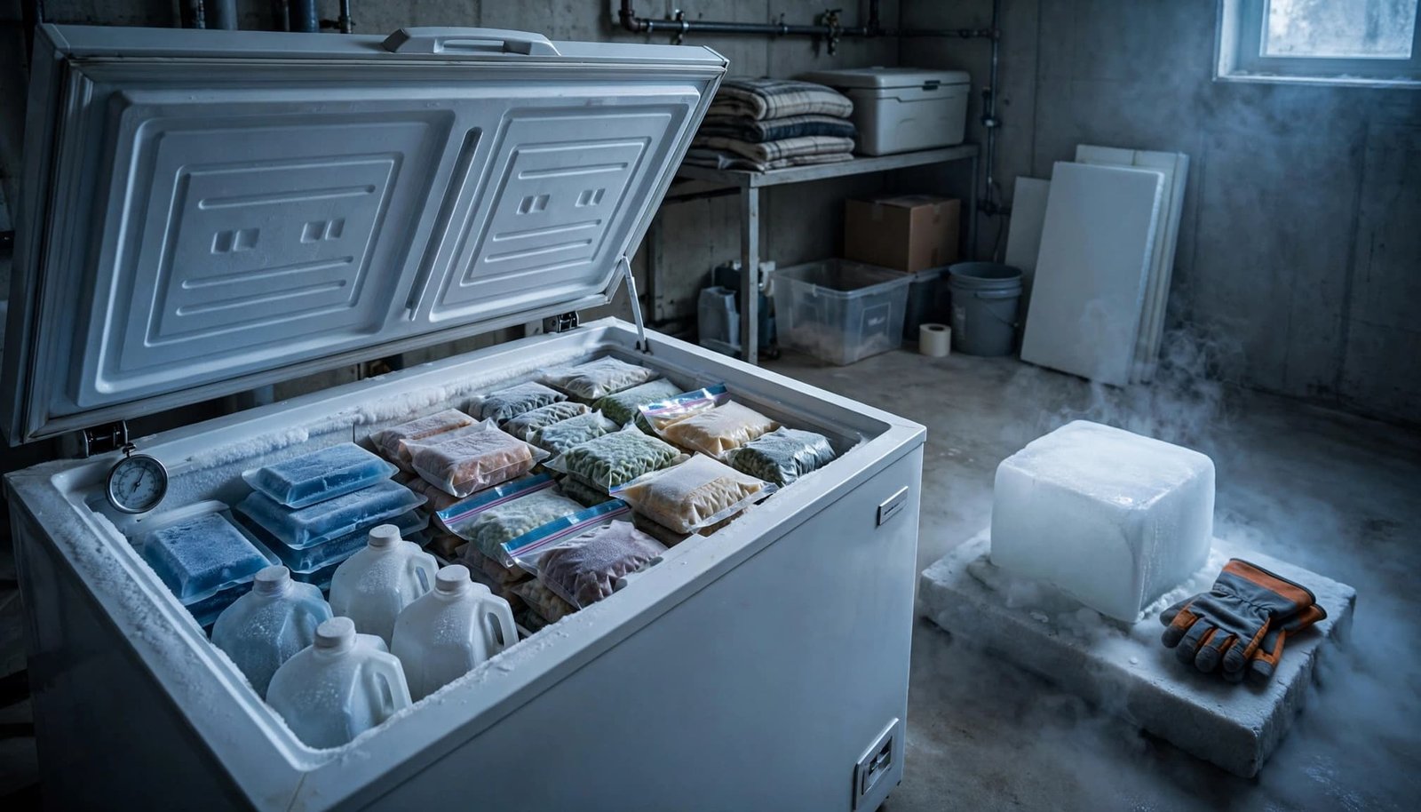 Open chest freezer with frozen food, ice packs, water jugs, and nearby dry ice.