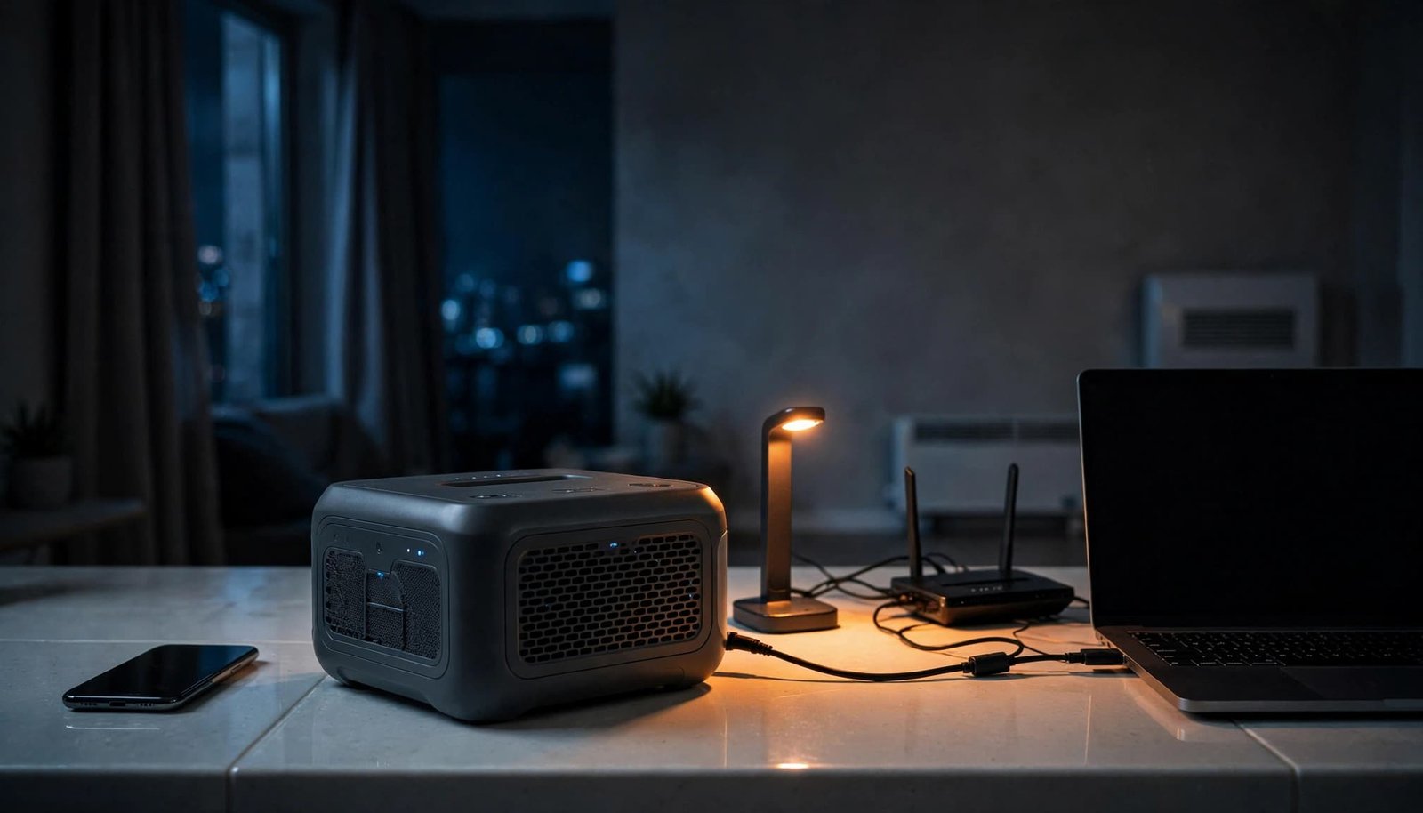 Power station charging a phone, lamp, router, and laptop in a tidy room.