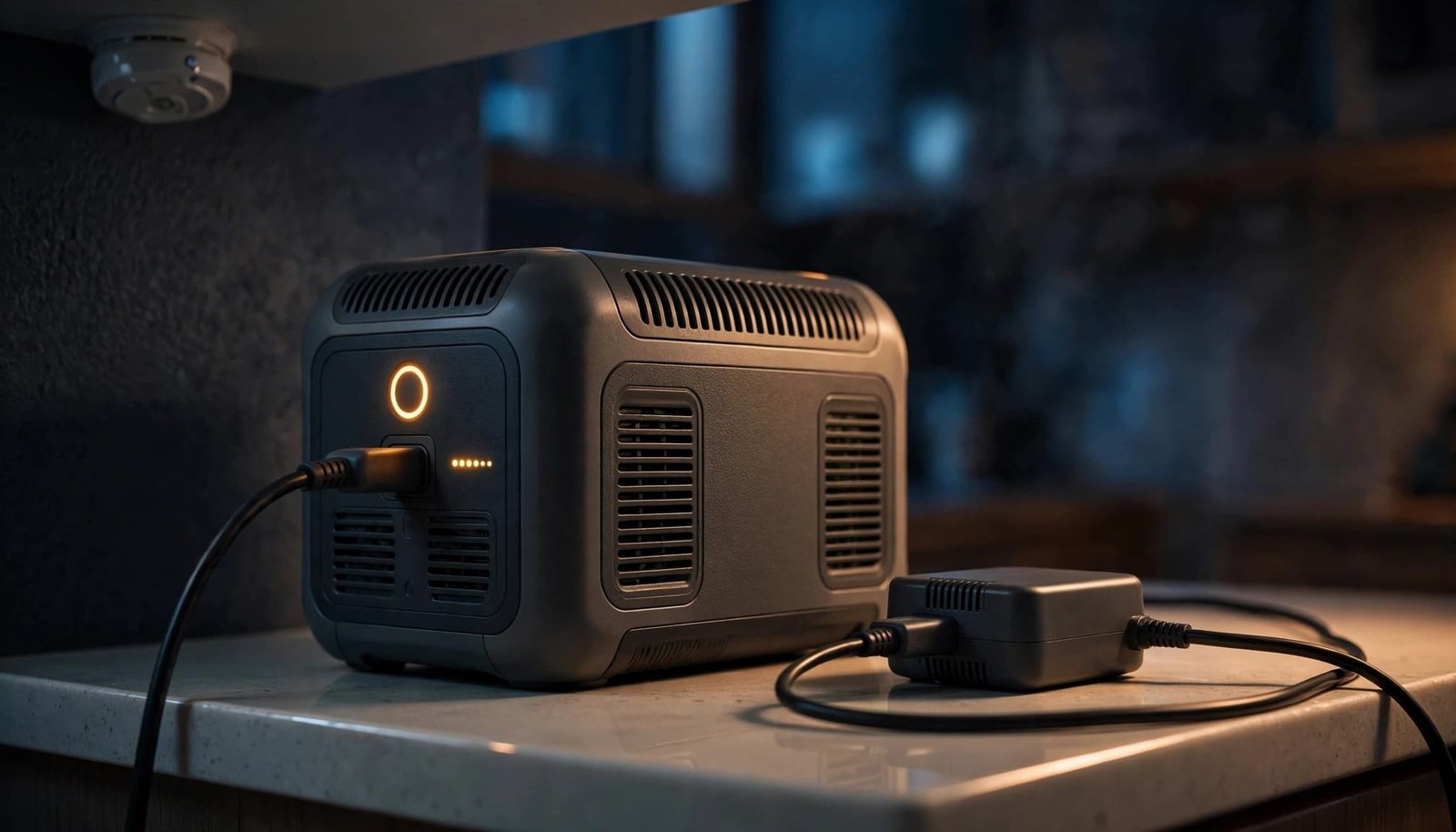 Portable power station charging beside a smoke alarm with its cable clear of walkways.