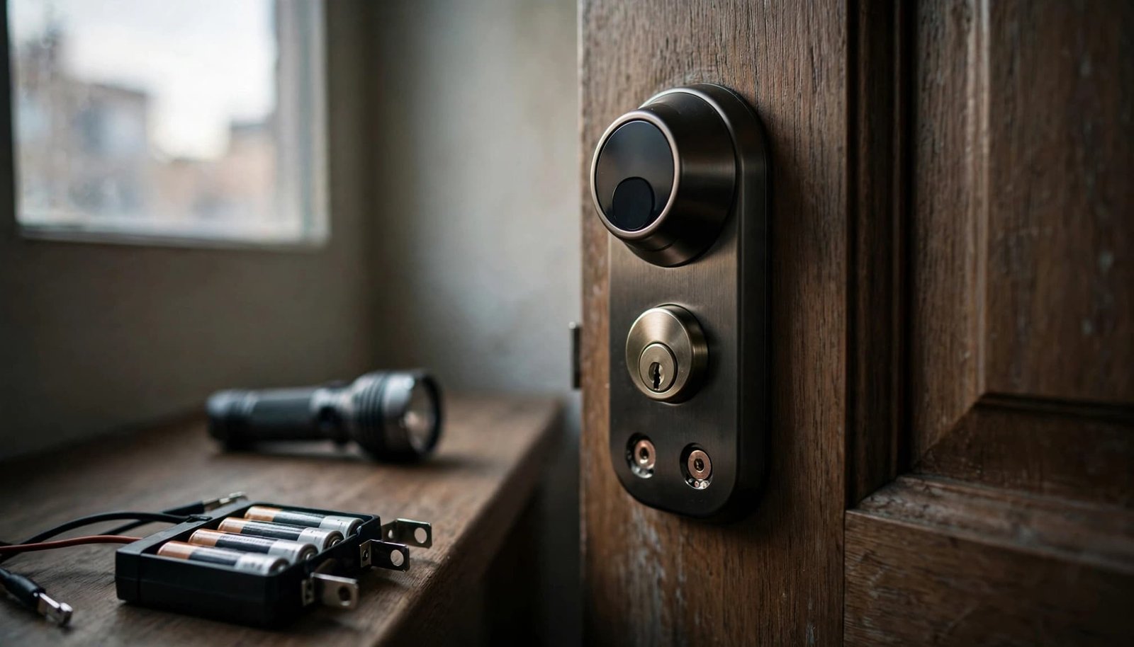 A smart deadbolt beside a battery pack and flashlight in an apartment entryway.