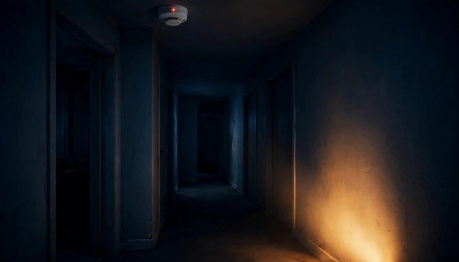 A ceiling smoke alarm glows faintly above a dark apartment hallway.