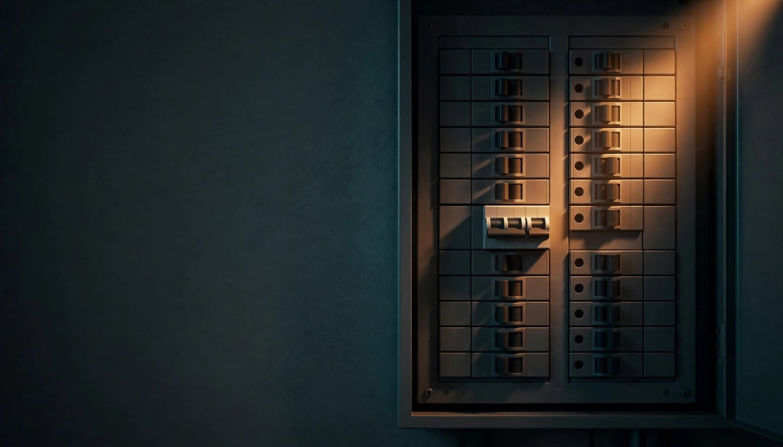 One breaker sits in a middle position on a panel lit by a flashlight.