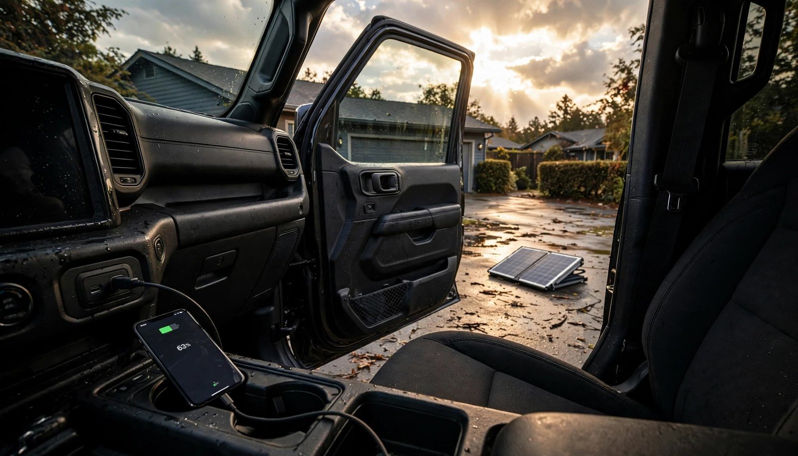 Rugged car charging one phone while a folded solar charger rests nearby.
