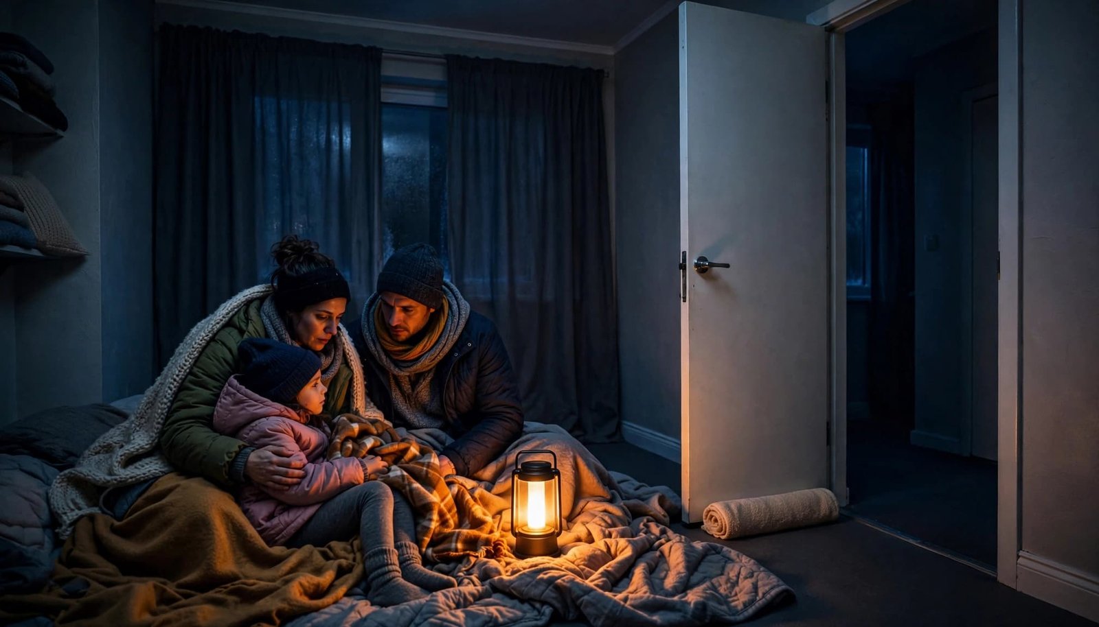 Two adults and a child sit under blankets beside an LED lantern in a dark apartment.
