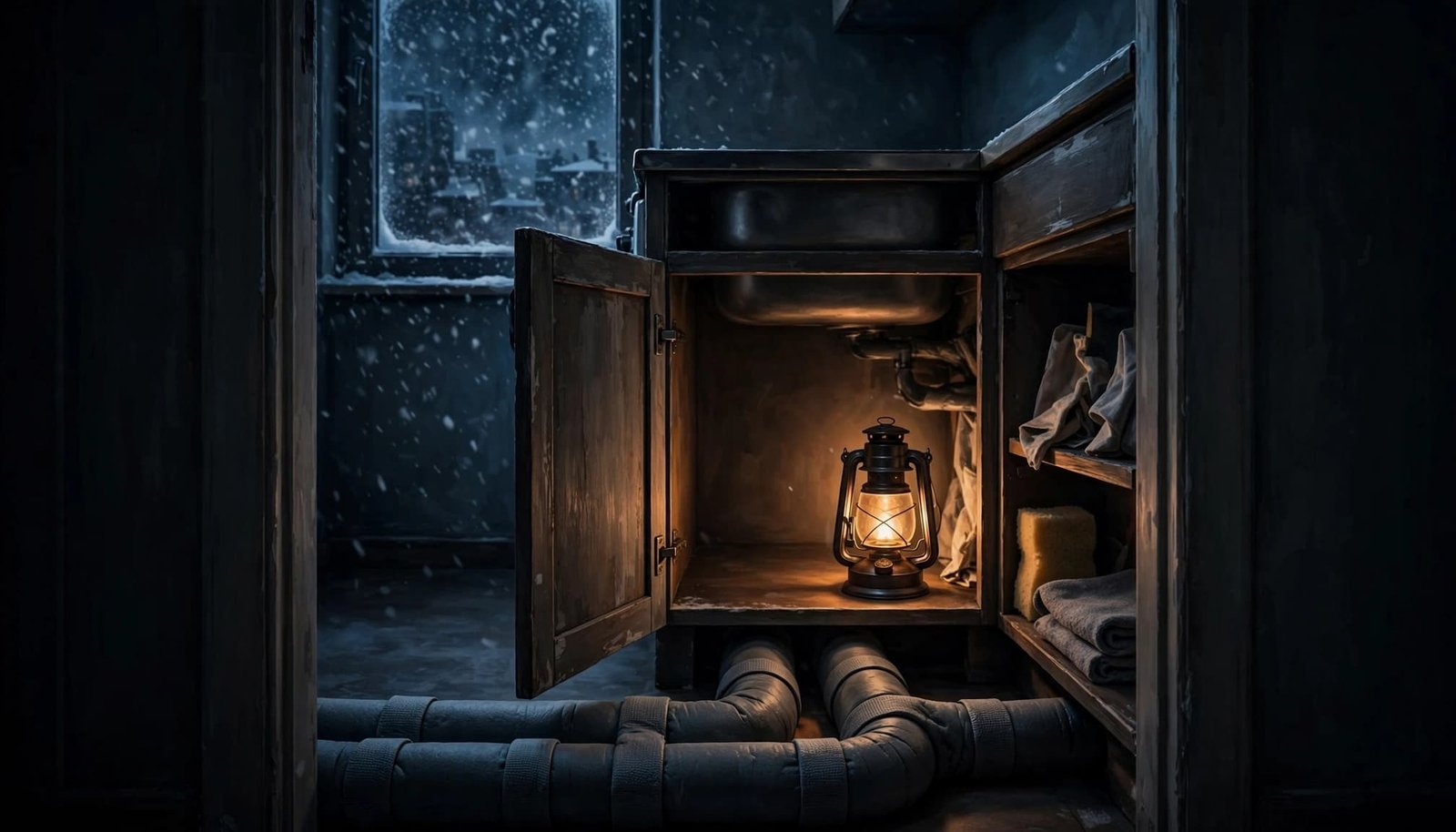 Insulated pipes beneath an open sink cabinet near a lantern and snowy window.