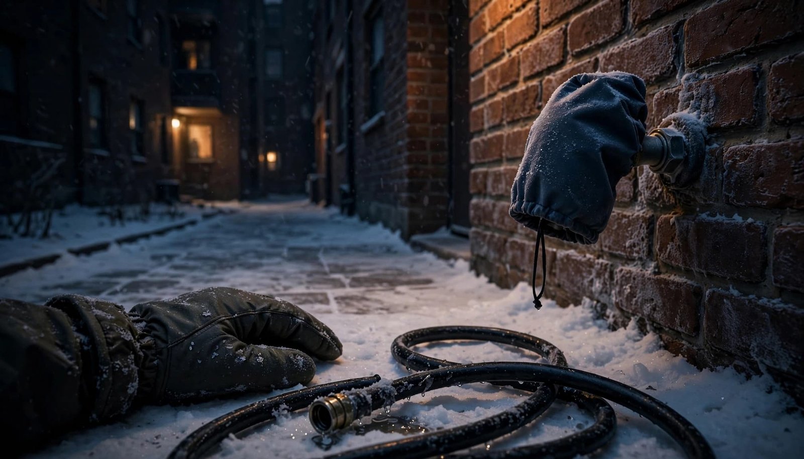A gloved hand rests beside a detached hose and covered faucet in a snowy courtyard.