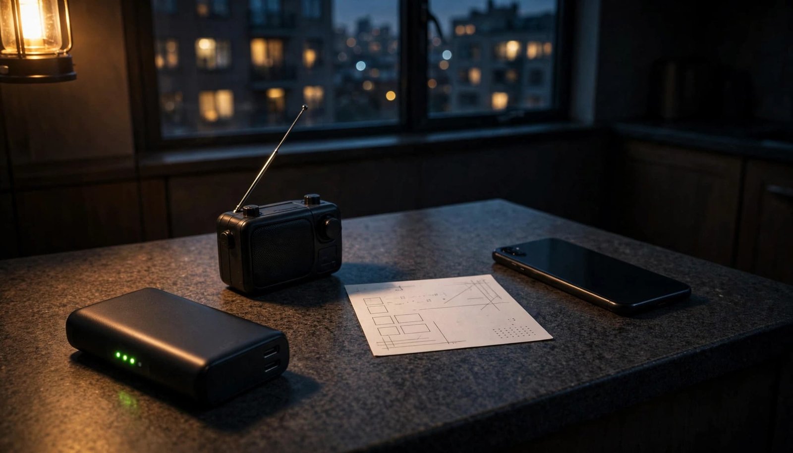 A power bank, small radio, contact card, and smartphone on a dim kitchen counter.